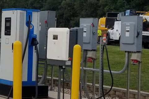 A group of gas pumps