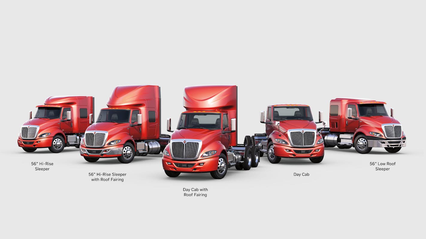 A row of red semi trucks